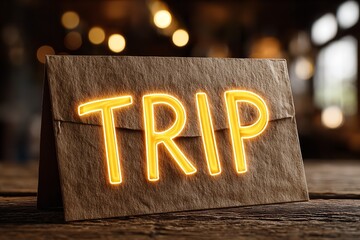 Brightly lit card announcing an exciting trip, inviting adventure and exploration with friends or family in a cozy indoor setting