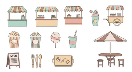 Illustration of various food stalls, drinks, and related items, perfect for a fair or event.