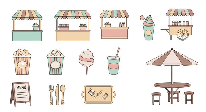 Illustration of various food stalls, drinks, and related items, perfect for a fair or event.