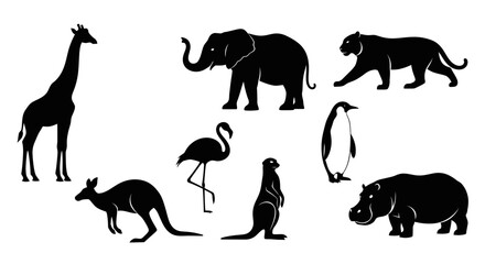 Naklejka premium Silhouette collection of various African animals, including giraffe, elephant, and penguin.