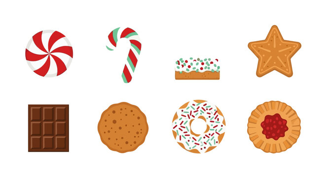 Assortment of festive and delicious sweet treats including candies, cookies, chocolate, and a donut on a white background.