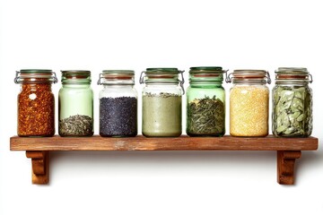 Assortment of Herbs and Spices on Wooden Shelf: A close-up captures a curated array of colorful spices and herbs neatly arranged in glass jars on a rustic wooden shelf.