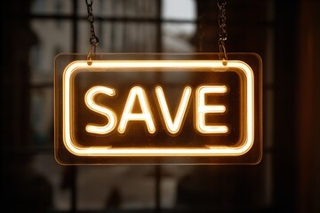 Neon save sign glowing in an urban window at dusk inviting attention to a special offer