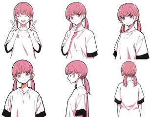 かわいい女の子のイラストセット（ピンク・Tシャツ）