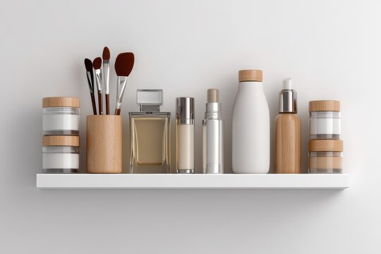 Elegant Beauty Collection: A meticulously curated arrangement of skincare essentials and makeup tools sits gracefully on a shelf, symbolizing self-care and beauty