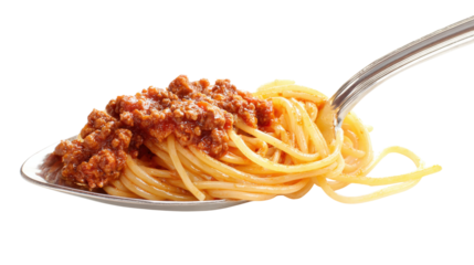 A spoonful of spaghetti with meat sauce