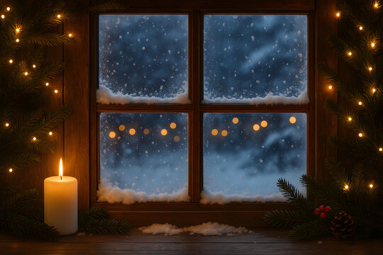 Warm and cozy Christmas scene showing candlelight and frosted window with snow falling outside and pine branches with lights inside..