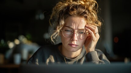 Young Woman Wearing Glasses Thinking Intently in Indoor Setting