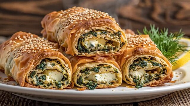 Delicious Spinach and Feta Cheese Phyllo Rolls Baked to Golden Perfection.