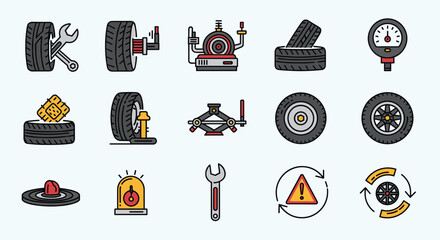 Essential auto repair and maintenance icons for your garage or automotive business promotion with safety and service signs for car care and tire repair, Generative AI.