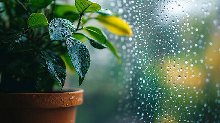 Indoor tranquility with potted plant near rainy window, brings peaceful nature indoors, ideal for calming, reflective or serene designs