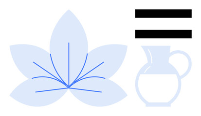 Lily flower with radial lines, bold equal sign, and milk pitcher shape represent balance, nature, logic, equality, minimalism, clarity and abstraction. Ideal for philosophy mindfulness harmony