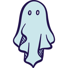 Cute Light Blue Cartoon Ghost Floating With Dark Blue Outline On Transparent Background Expressing A Friendly Spooky Halloween Vibe