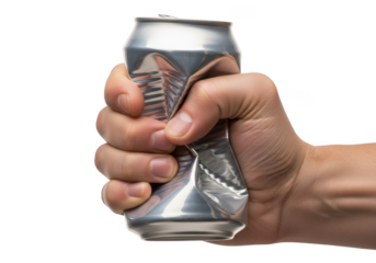 Hand crushing a silver aluminum soda can, isolated on transparent background