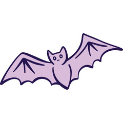 Hand Drawn Purple Bat with Open Wings and Curious Expression Against a Transparent Background