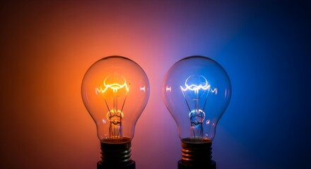 Glowing orange and blue incandescent light bulbs contrast brightly, symbolizing new ideas
