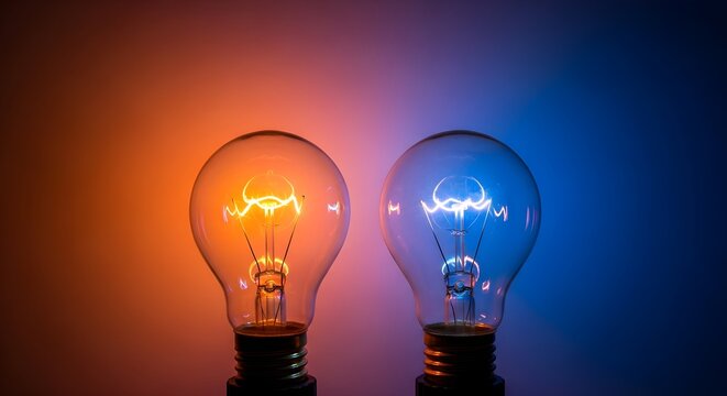 Glowing orange and blue incandescent light bulbs contrast brightly, symbolizing new ideas