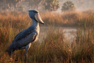 Fototapeta premium Shoebill Stork in Wetland: A majestic shoebill stork stands tall in a serene wetland, its unique appearance a testament to the wonders of the animal kingdom. The soft morning light bathes the scene.