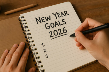 Person writing New Year goals for 2026 in a spiral notebook, representing planning, motivation, and fresh start mindset..