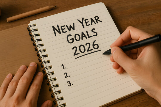 Person writing New Year goals for 2026 in a spiral notebook, representing planning, motivation, and fresh start mindset..