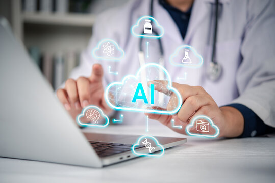 AI Artificial Intelligence analyzing big data for healthcare diagnostics. Doctor interacts with digital cloud interface, technology integration in modern medicine, science, and clinical research.