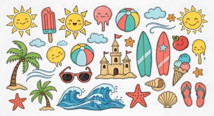 Fototapeta premium Colorful Doodle Style Beach Vacation Illustration Set for Summer Design Projects