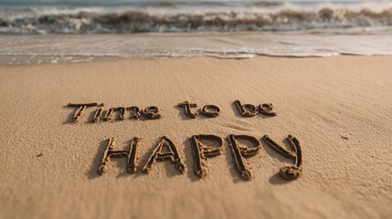 Fototapeta premium Sand Writing Happy Text on Beach with Waves and Sunny Sky