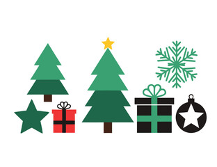 Festive Christmas trees with stars, gifts, snowflake, and ornament icon set brings holiday cheer to your seasonal designs, perfect for greeting cards