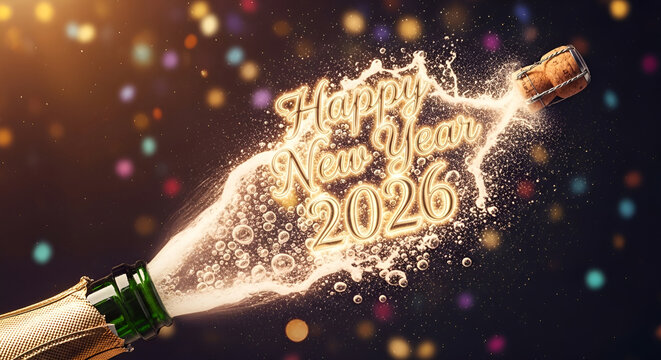 Golden 'Happy New Year 2026' text made of sparkling champagne erupting from a bottle to celebrate the occasion