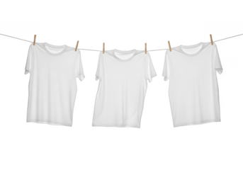 Three white tshirts hanging on a clothesline with wooden pegs, isolated on transparent background