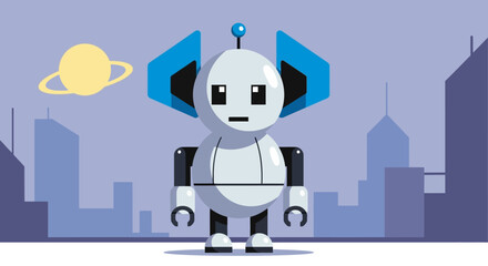 A cartoon robot stands in front of a city skyline with a planet.