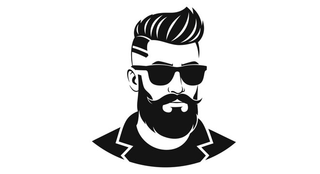 A stylized black and white illustration of a man with sunglasses and a full beard.