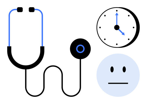 Stethoscope for healthcare, clock indicating time, and neutral face denoting emotion. Ideal for medical care, wellness, time, diagnosis, appointment healthcare and self-care. A simple flat metaphor