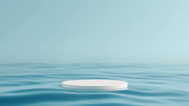 a white platform floating on calm blue water.