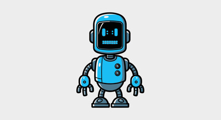 Cartoon illustration of a blue robot standing with a blank expression on a light gray background.