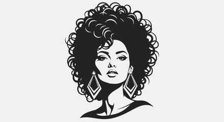 A stylized black and white portrait of a woman with large curly hair and earrings.