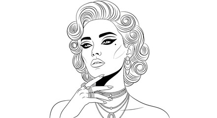 Line art of a glamorous woman with curled hair, jewelry, and dramatic makeup, looking confidently at the viewer.