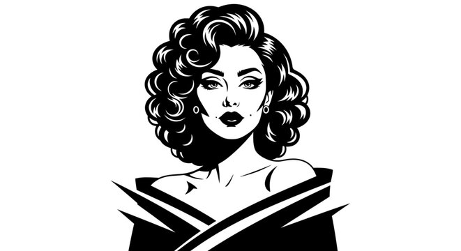 Elegant black and white portrait of a woman with curly hair and a dramatic gaze.