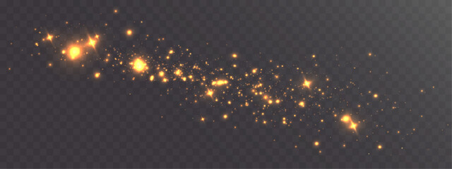 Golden sparkling particle trail moving diagonally, glowing light dust, stars and bokeh on transparent background, creating a magical fast dynamic shimmer effect.  © NAUM
