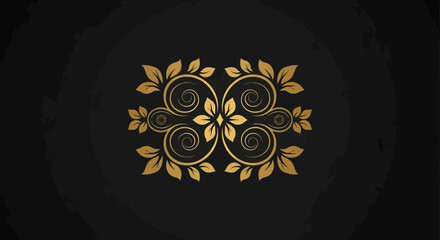 Golden ornamental design featuring symmetrical swirls and leaves against a dark background, creating an elegant and decorative pattern.