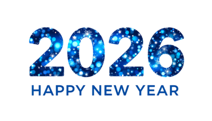 Happy New Year 2025 text design.Vector illustration. Sparkling blue glitter 2026 Happy New Year with magical bokeh stars on white