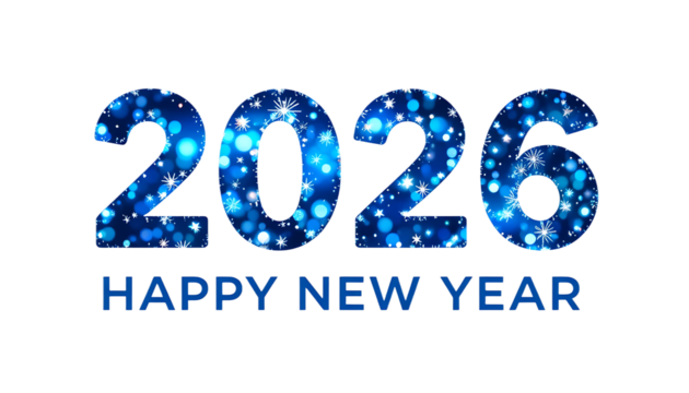 Happy New Year 2025 text design.Vector illustration. Sparkling blue glitter 2026 Happy New Year with magical bokeh stars on white