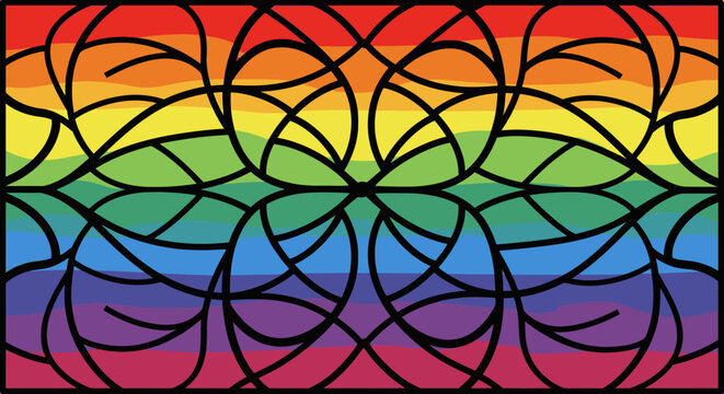 A vibrant rainbow gradient background features an elegant, symmetrical black line art pattern, evoking a modern stained glass aesthetic celebrating diversity and pride.