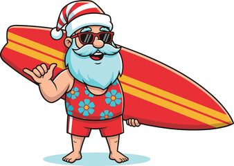 Beach Santa Claus in Hawaiian Shirt and Swim Trunks Holding Surfboard, Wearing Sunglasses and Striped Hat, Summer Christmas Vector