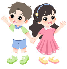 Charming cartoon boy and girl characters joyfully holding hands, waving hello, celebrating friendship and childhood innocence, perfect for educational content or playful designs