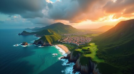 Dramatic coastal landscape with village nestled between mountains and ocean at sunset