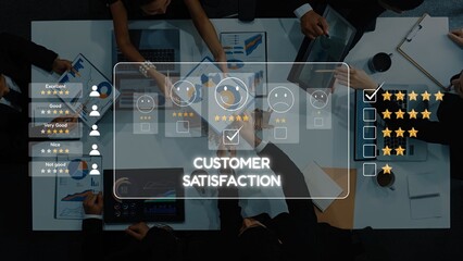 A business team collaborates to assess customer satisfaction using charts and graphs in a modern office environment, highlighting the importance of feedback for service quality improvement. Raster