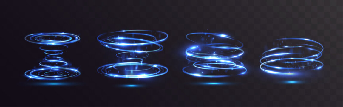 Light blue glowing vortex spirals with sparkling particles and dynamic motion, forming futuristic swirling energy rings on a dark transparent background, perfect for sci-fi, speed, and tech design.
