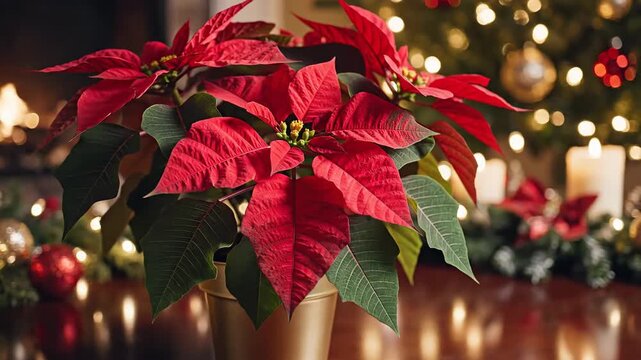Vibrant red poinsettia plant in festive holiday setting with fireplace and Christmas tree