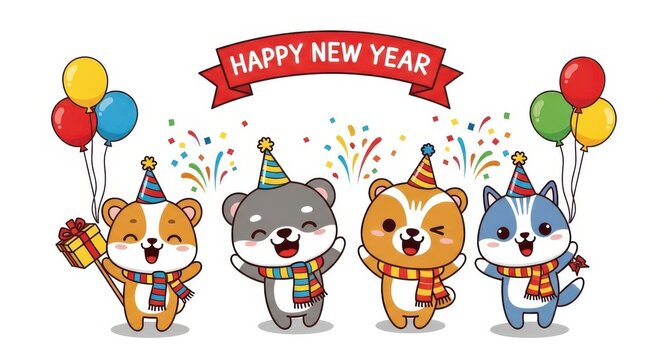 Four cartoon animals are holding balloons and wearing party hats
